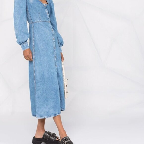 Ganni Long-Sleeve Denim Midi Dress Size 36 - Picture 2 of 5